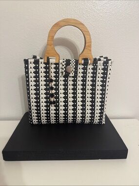 Black & White Woven Tote with Wooden Top Handles - Handmade
